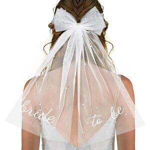 🆕Women White Bridal Veil White Pearl Wedding Veil Hair Clip Tulle Bachelor Bow